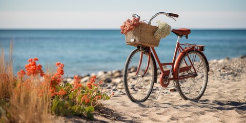 A bicycle parked on the beach with a basket on the front.