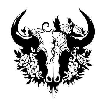 skull logo of bull head and flowers