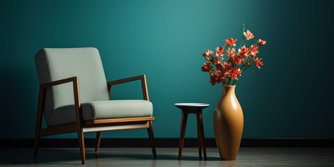 A chair and a table with a vase on it.