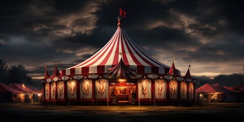 A circus tent with red and white stripes.
