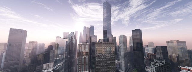 Modern city, panorama of skyscrapers, cityscape Against the background of the sky with clouds, 360 panorama, 3D rendering