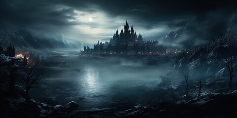 A dark gothic city with mist at night - obrazy, fototapety, plakaty