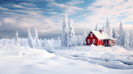 Cozy Winter Retreat in a Red Wooden Cabin Amidst a Snowy Landscape