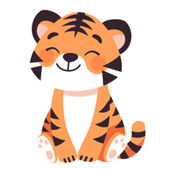 Flat vector illustration. Safari animals. Cute smiling tiger on white background . Vector illustration