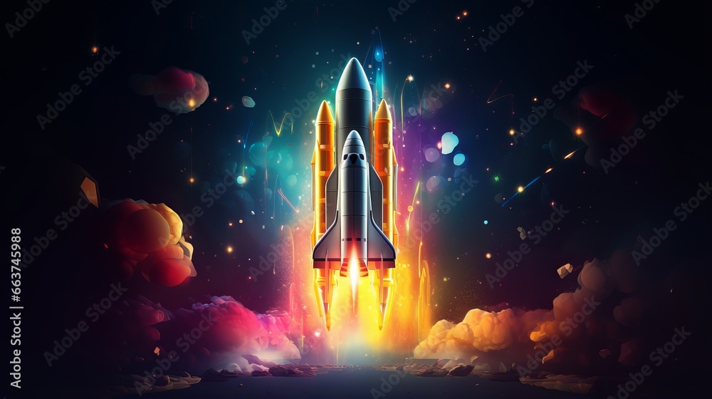 Poster dynamic digital spaceship soaring into the cosmos: abstract rocket launch for business development a