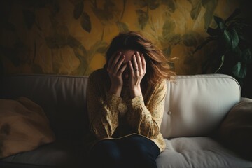 Exhausted mother covering her face in distress, Portrait woman in depression sitting on couch living room suffering from overwork and stress. - obrazy, fototapety, plakaty