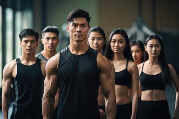 Group of athletic asian men and women stand together in the gym - obrazy, fototapety, plakaty