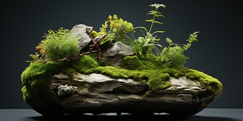 A moss covered rock with small plants growing out of it. - Powered by Adobe