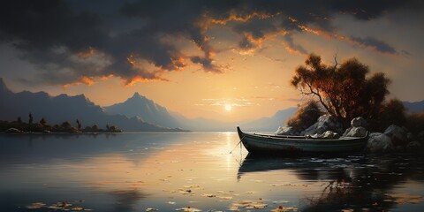 A painting of a boat floating on a body of water.