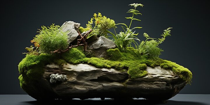 A moss covered rock with small plants growing out of it.