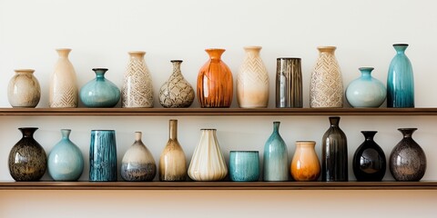 Fototapeta na wymiar A row of vases sitting on top of a shelf.