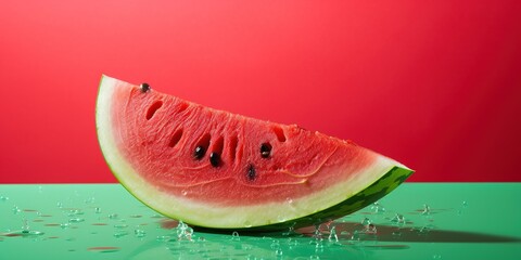 A slice of watermelon on a green surface.