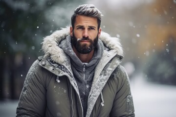 Fototapeta na wymiar Wintertime Fashion - Man in winter coat, against a cool gray - Prepped for the first snowfall - AI Generated