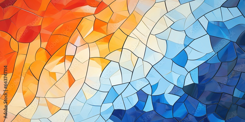 Fototapete an abstract background featuring an orange and blue background, in the style of mosaic - like forms