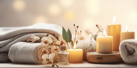 Fototapeta na wymiar Beautiful spa treatment composition such as Towels, candles, essential oils, Massage Stones on light wooden background. blur living room, natural creams and moisturising Healthy lifestyle,