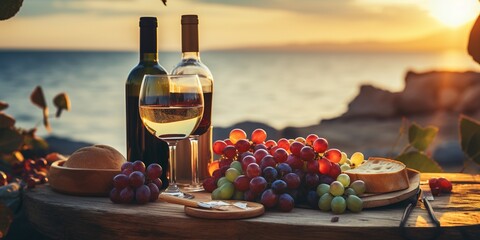 Beautiful summer romantic picnic at sunset on sand beach. Bottles of red and white wine, baguete, cheese, grapes and fresh fruits on napkin on wooden board on blurred seascape. - obrazy, fototapety, plakaty