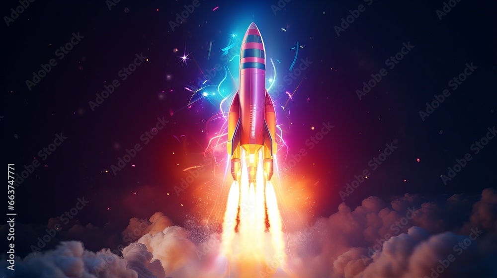 Poster dynamic digital spaceship soaring into the cosmos: abstract rocket launch for business development a