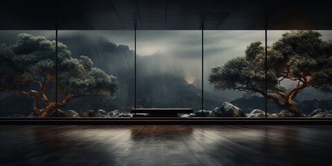 Dark empty modern room with beautiful landscape in the window - obrazy, fototapety, plakaty