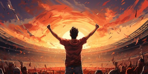 Draw a soccer player scoring a goal in a soccer stadium, surrounded by a cheering crowd