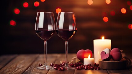 Two glasses of red wine with roses. Romantic evening atmosphere with soft focus.