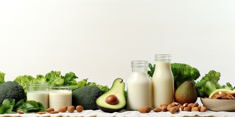 Eco friendly banner with healthy, vegan food. Natural organic vegetables, almond, nut no lactose milk and house plant on white background with copy space. Concept of vegan natural food