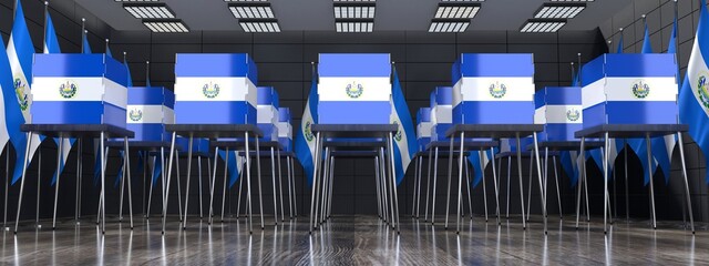 El Salvador - voting booths and national flags in polling station - election concept - 3D illustration - obrazy, fototapety, plakaty