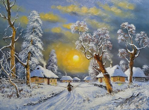 Oil paintings rural  landscape, winter landscape with snow covered trees, winter in the village, fine art