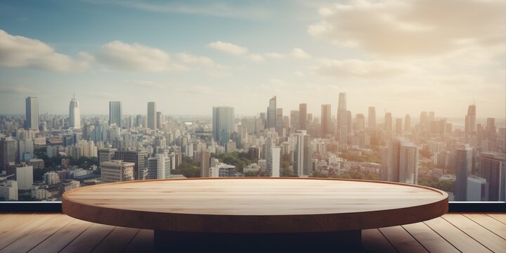 Empty round wooden podium on wooden table opposite window with cityscape. Scene stage showcase for beauty and spa products, cosmetics, promotion sale or advertising.