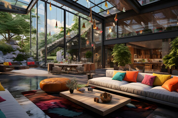 An outdoor-indoor living room with a retractable glass. - obrazy, fototapety, plakaty