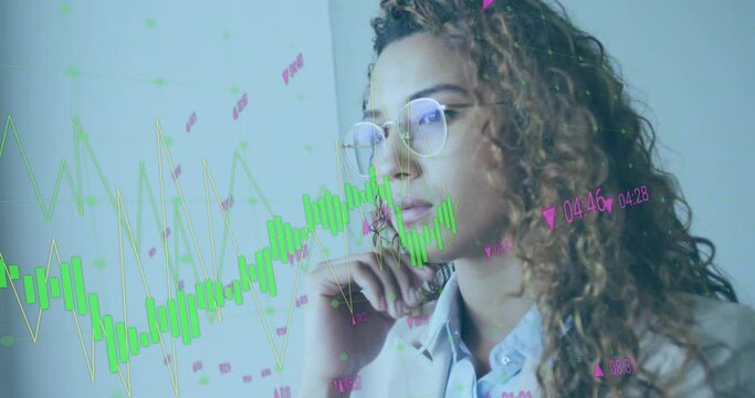 Animation of multiple graphs with changing numbers over biracial woman looking through window