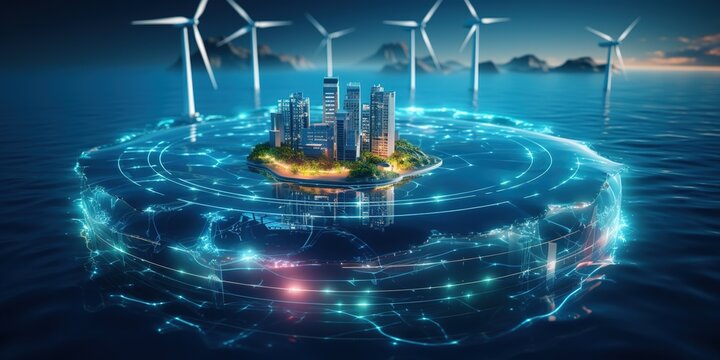 Graphic image of rotating wind generator on the dark blue water surface background. Sustainable wind energy process. Virtual data technology. Green energy production. Mockup