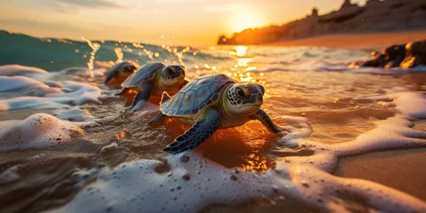 Fotobehang Group of baby sea turtle making their first step into ocean. little sea turtles crawling on sunset sandy beach. © Влада Яковенко