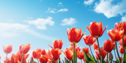 Holiday banner with red tulips. Spring flowers on blue background with copy space. Greeting card for Valentine's Day, Woman's Day and Mother's Day holidays. Flat lay, banner size