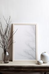Picture frame on wooden table with vase of flowers and black and white picture of tree, inviting the viewer to imagine the stories behind the objects and the people who have interacted with them.