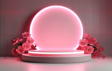Abstract minimal scene with geometric shapes and beautiful floral decoration. product presentation, mockup, cosmetic product display, podium, stage or platform.