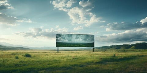 Illustration of tall empty billboard placed on green meadow near empty road going through scenery in countryside against cloudy sky