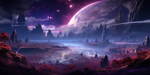 Landscape of an alien planet in purple color.