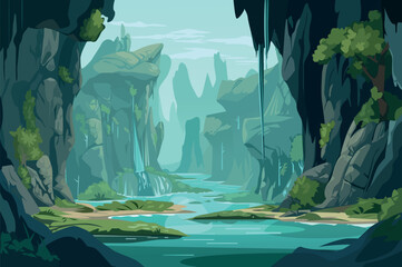 Background river in the jungle in the flat cartoon design. Enchanting world of illustration vivid colors and intricate details bring nature to life on canvas jungle. Vector illustration. - obrazy, fototapety, plakaty