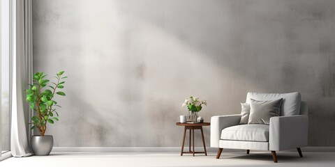 Living room interior mockup with carpet, white chair, and curtain. Blank gray concrete wall.
