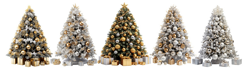 Arbol de navidad decorado con bolas de navidad,espumillon y regalos aislado sobre fondo transparente. - obrazy, fototapety, plakaty