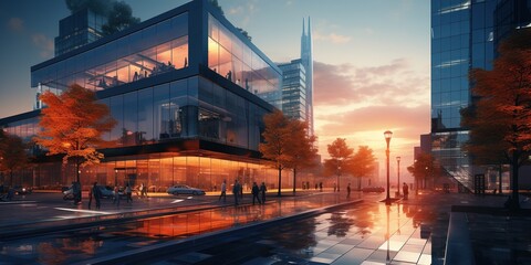 Modern glass building on the city street at sunset - obrazy, fototapety, plakaty