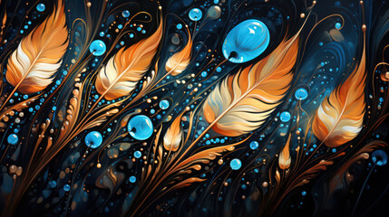 Abstract art background with dark orange feathers with water drops, fantasy background