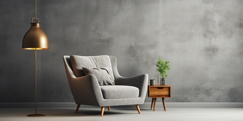 Modern minimalist design against a gray wall. Living room interior. Armchair with a floor lamp against the wall.