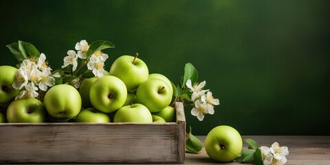 Natural, farm apples in a white wooden box with blossom branch on a green background with copy space. Selling seasonal, local fruits and vegetables. Support local farmers concept.