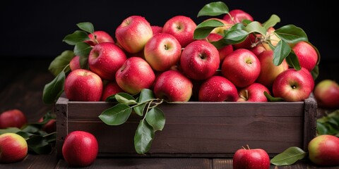 Natural red apples with green leaves in wooden box with label with text 100 percent organic. Concept of new crop and harvest. Seasonal, farm fruits.