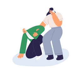 Person helping old man on street. Woman with phone calling ambulance for fainting senior male character with heart stroke, feeling unwell. Flat vector illustration isolated on white background © Good Studio