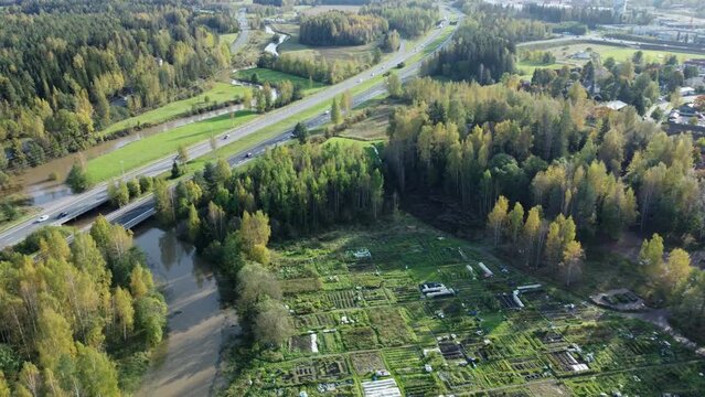 Flyover Keravan siirtolapuutarha community garden in Kerava, Finland
