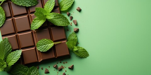 Organic mint chocolate. Chocolate spot with mint leaves and square pieces of chocolate on light...