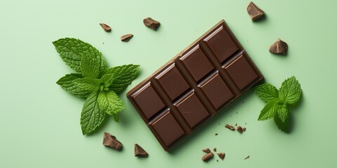 Organic mint chocolate. Chocolate spot with mint leaves and square pieces of chocolate on light green background. Chocolate product. Healthy food. Flat lay, copy space.