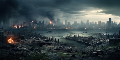 Panoramic view to the destroyed city after the war. Dramatic scene of the Bombed out, burning and fuming city. Human suffering and war. Ruined, deserted city after war with dark clouds - obrazy, fototapety, plakaty